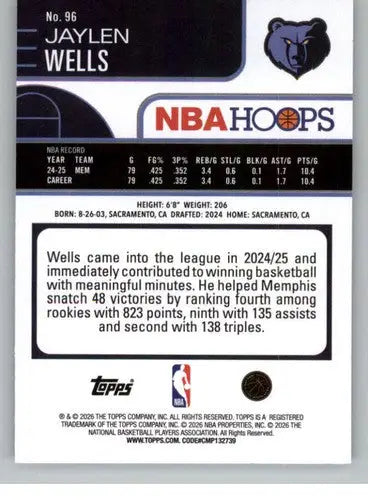 2025-26 Topps NBA Hoops #96 Jaylen Wells NM Near Mint Grizzlies ID:83187
