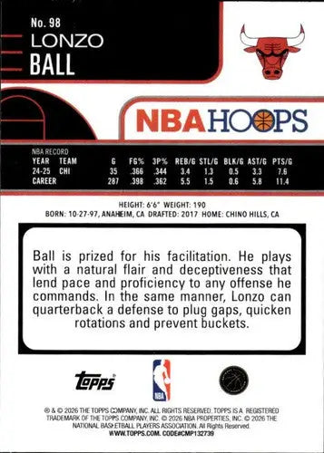 2025-26 Topps NBA Hoops #98 Lonzo Ball NM Near Mint Bulls ID:83188 - Basketball Card Single