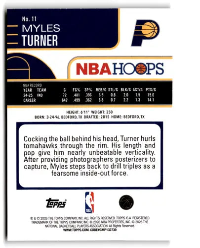 2025-26 Topps NBA Hoops Orange Hoops #11 Myles Turner NM Near Mint Pace ID:83150 - Basketball Card Single