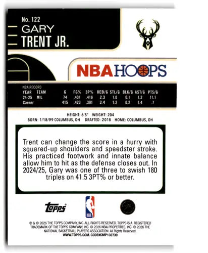2025-26 Topps NBA Hoops Orange Hoops #122 Gary Trent Jr. NM Near Mint B ID:83154 - Basketball Card Single