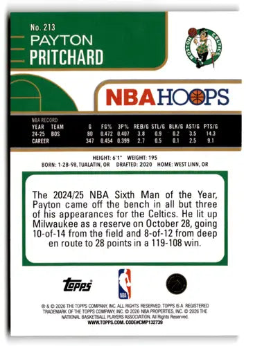 2025-26 Topps NBA Hoops Orange Hoops #213 Payton Pritchard NM Near Mint ID:83157