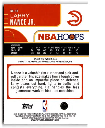 2025-26 Topps NBA Hoops Orange Hoops #44 Larry Nance Jr. NM Near Mint H ID:83151