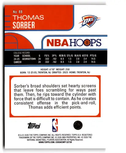 2025-26 Topps NBA Hoops Orange Hoops #88 Thomas Sorber NM Near Mint Thu ID:83153 - Basketball Card Single