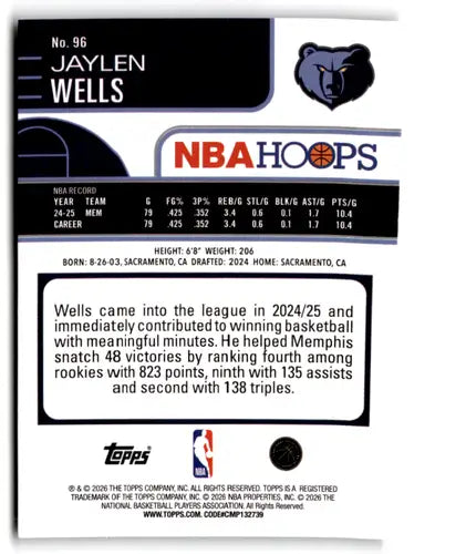 2025-26 Topps NBA Hoops Rainbow #96 Jaylen Wells NM Near Mint Grizzlies ID:83173