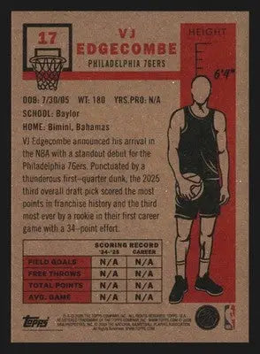 2025-26 Topps NBA Living Set #17 VJ Edgecombe Philadelphia 76ers RC - Basketball Card Single