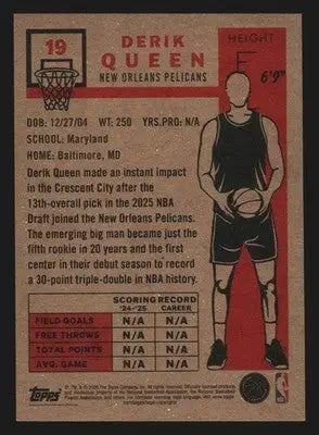 2025-26 Topps NBA Living Set Derik Queen #19 New Orleans Pelicans RC - Basketball Card Single