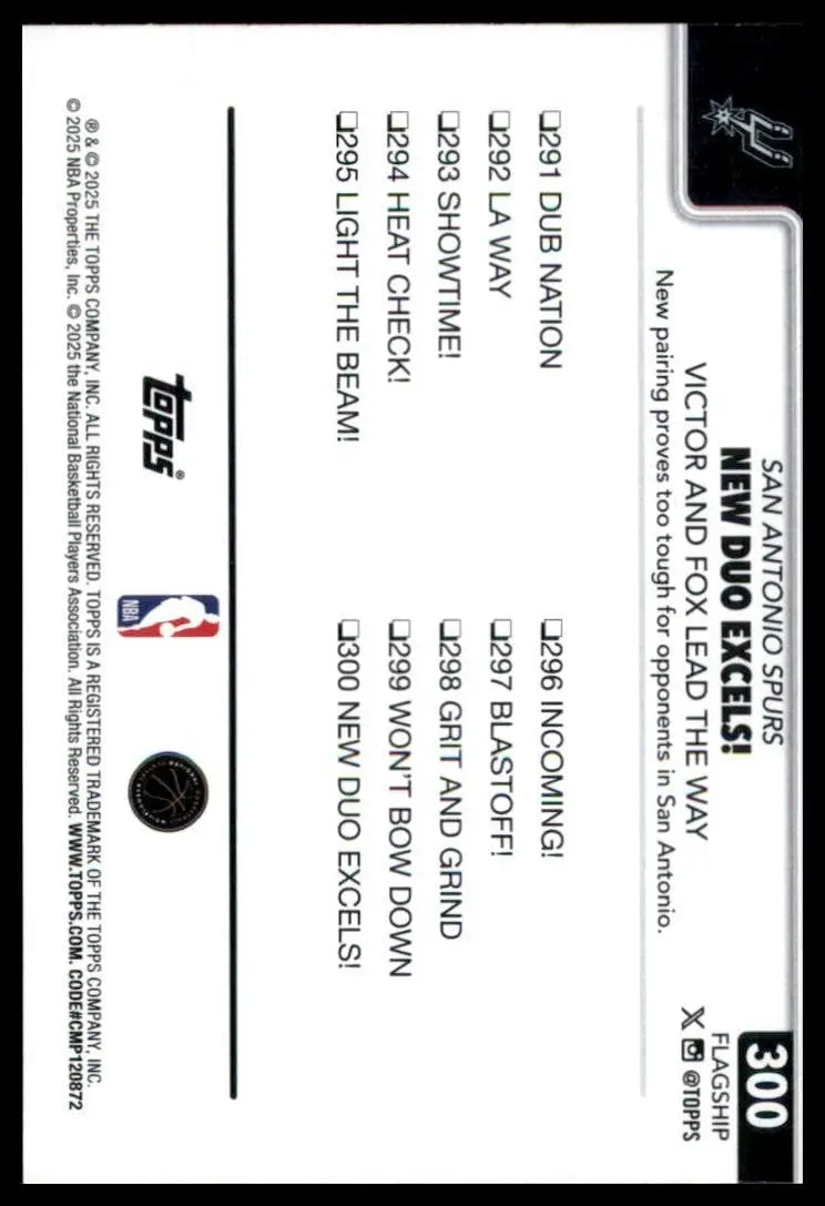 2025-26 Topps New Duo Excels #300 San Antonio Spurs Basketball Card NBA Sports - Basketball Card Single