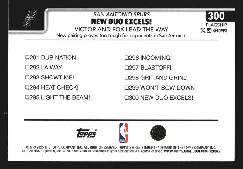 2025-26 Topps New Duo Excels #300 Sandglitter Wembanyama De’Aaron Fox Spurs - Basketball Card Single