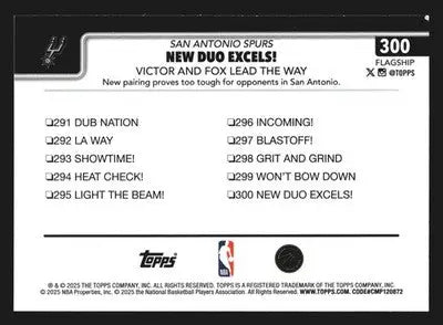 2025-26 Topps New Duo Excels #300 Victor Wembanyama De’Aaron Fox Spurs - Basketball Card Single