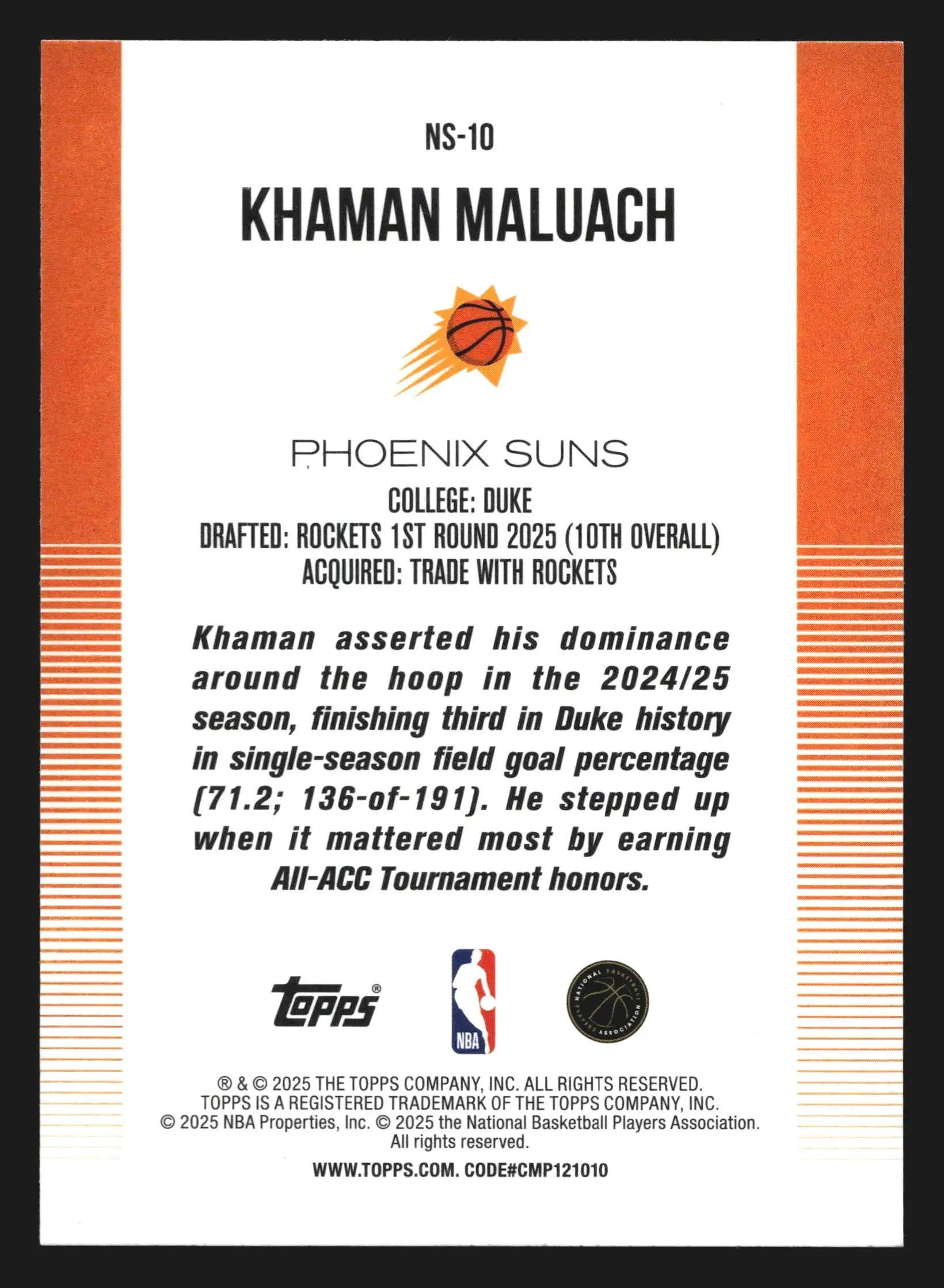 2025-26 Topps New School Khaman Maluach #NS-10 Phoenix Suns RC - Basketball Card Single
