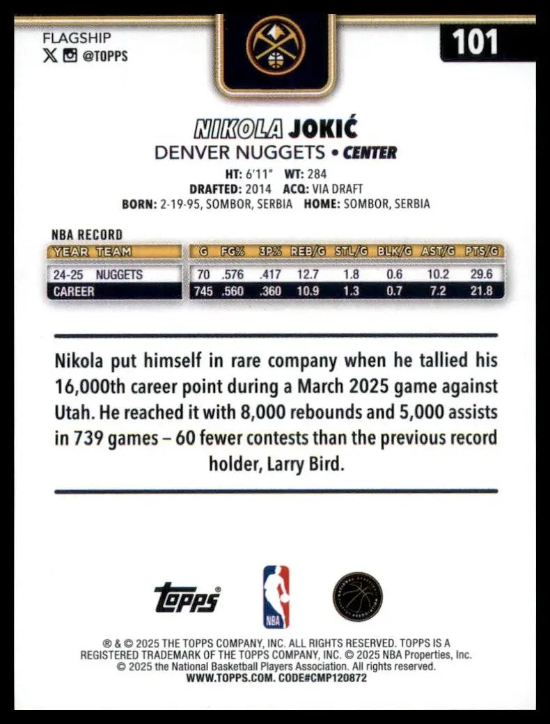 2025-26 Topps Nikola Jokic #101 Denver Nuggets Basketball Card NBA Sports - Basketball Card Single