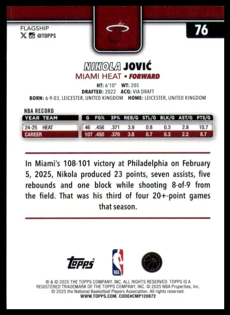 2025-26 Topps Nikola Jovic #76 Miami Heat Basketball Card NBA Sports - Basketball Card Single