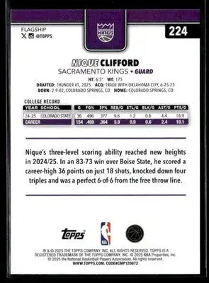 2025-26 Topps Nique Clifford #224 Base RC Sacramento Kings