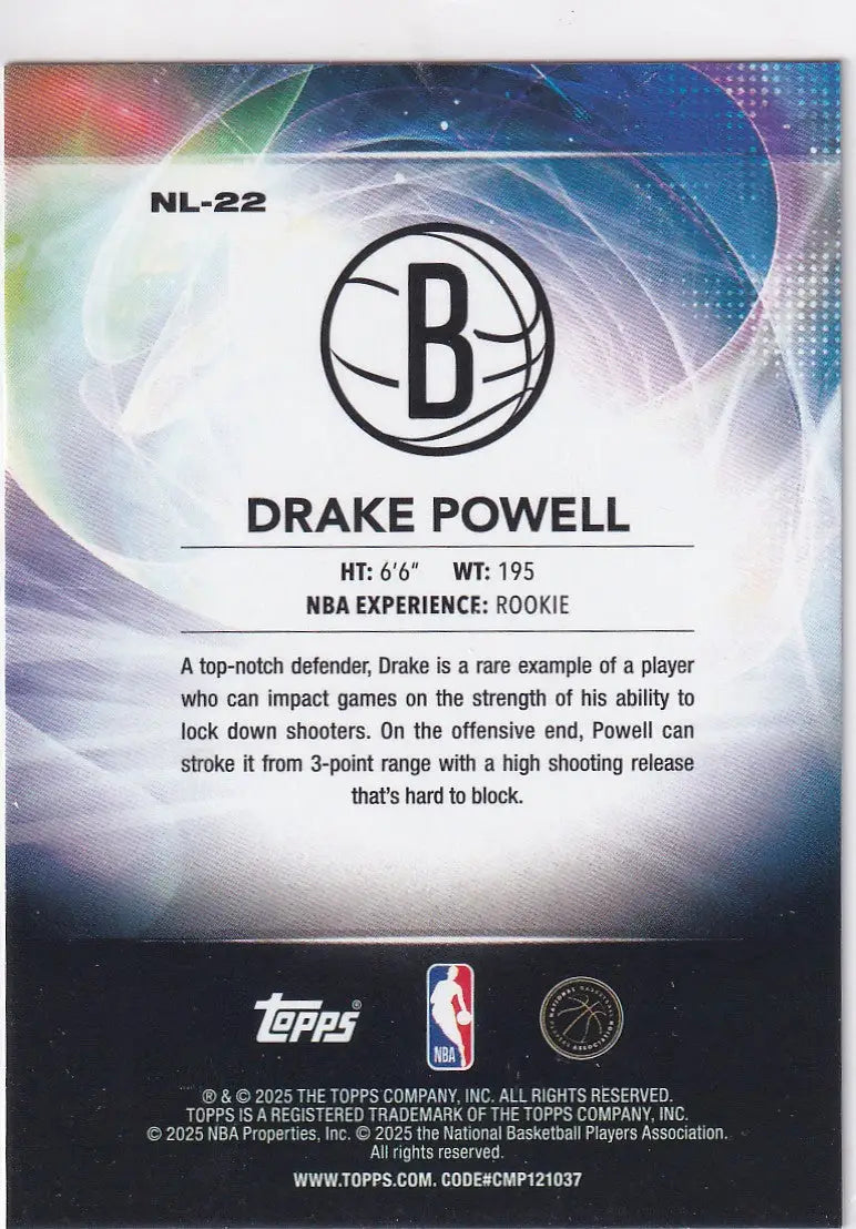 2025-26 TOPPS #NL-22 DRAKE POWELL NO LIMIT REFRACTOR- BROOKLYN NETS - Basketball Card Single