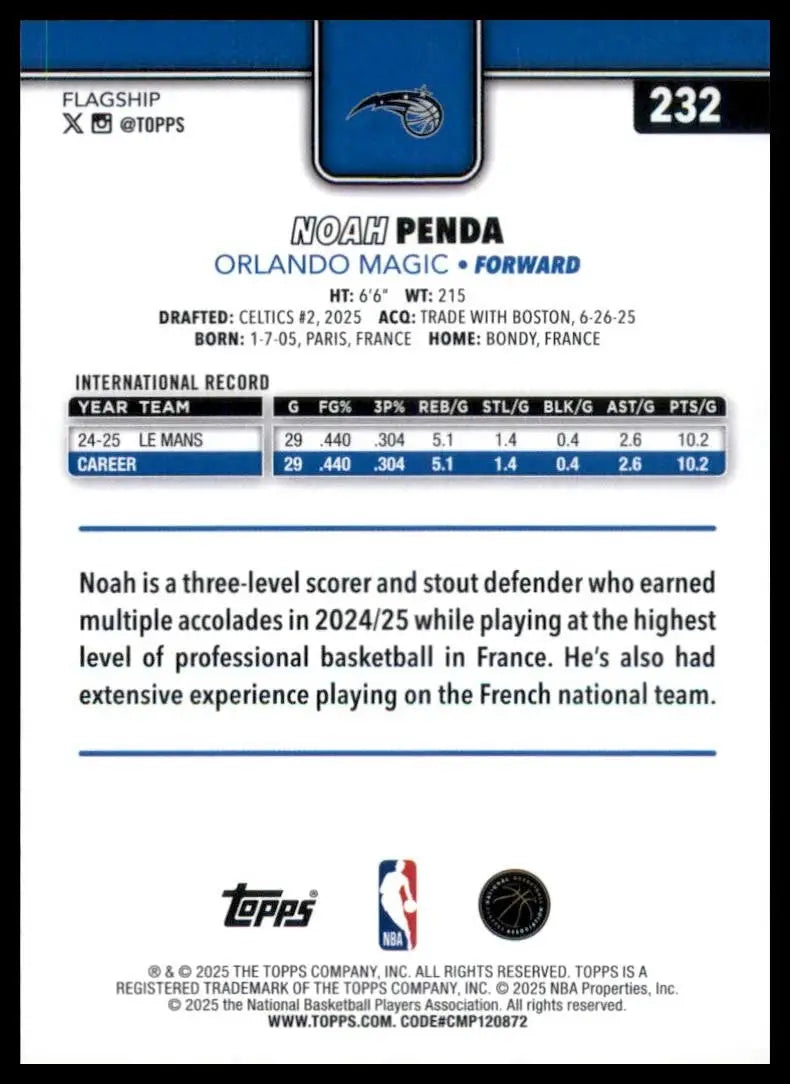 2025-26 Topps Noah Penda Rookie #232 Orlando Magic Basketball Card NBA Sports - Basketball Card Single