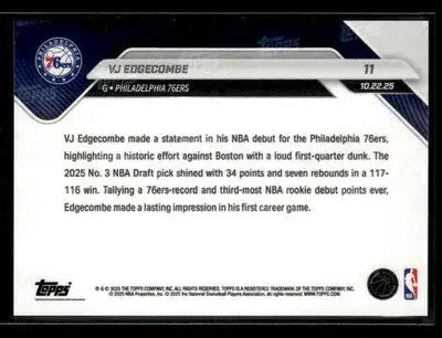 2025-26 Topps Now #11 VJ Edgecombe RC Philadelphia 76ers 34 Points Sets Record - Basketball Card Single