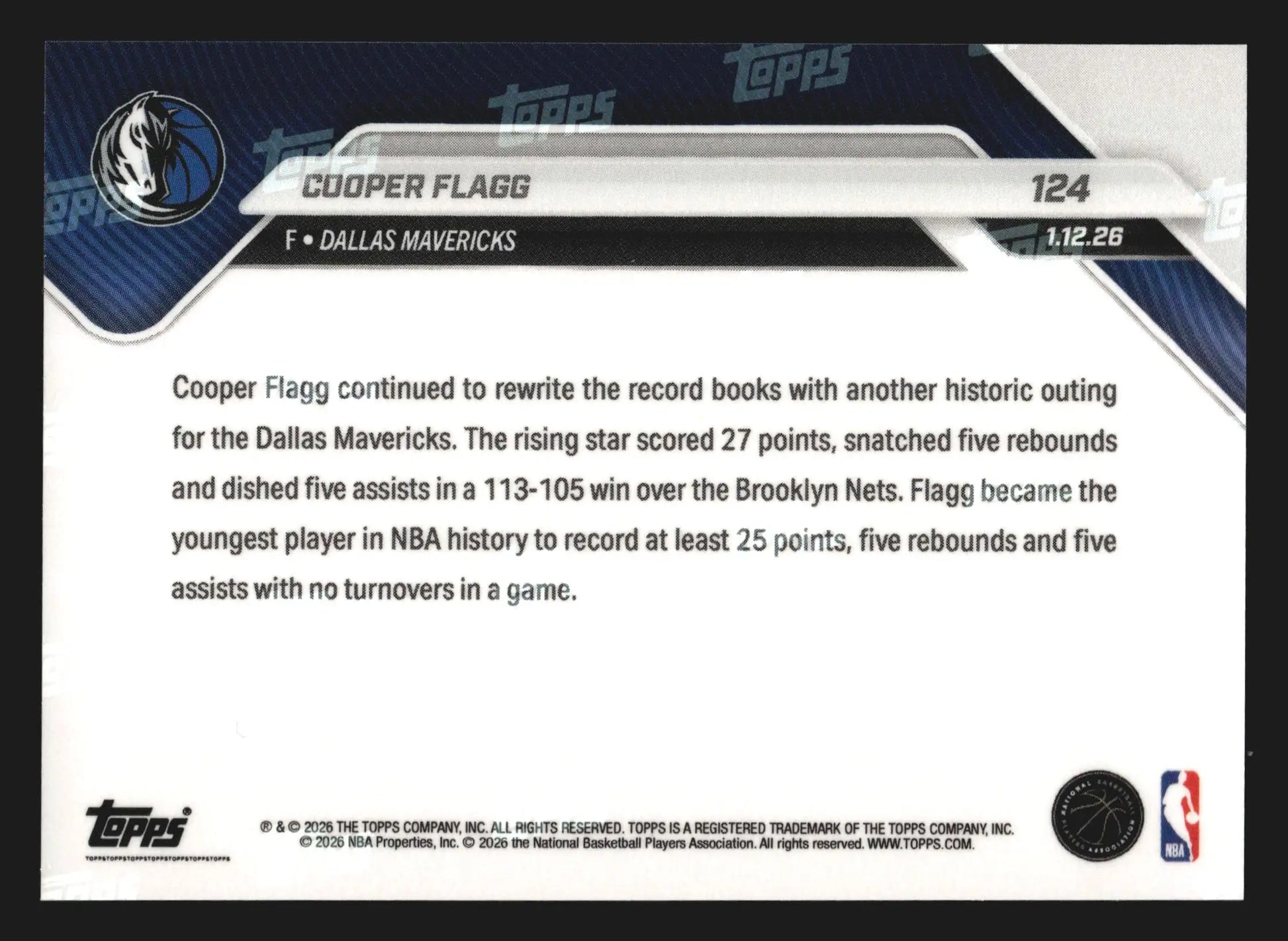 2025-26 Topps NOW #124 Cooper Flagg Mavericks RC Youngest NBA 25/5/5