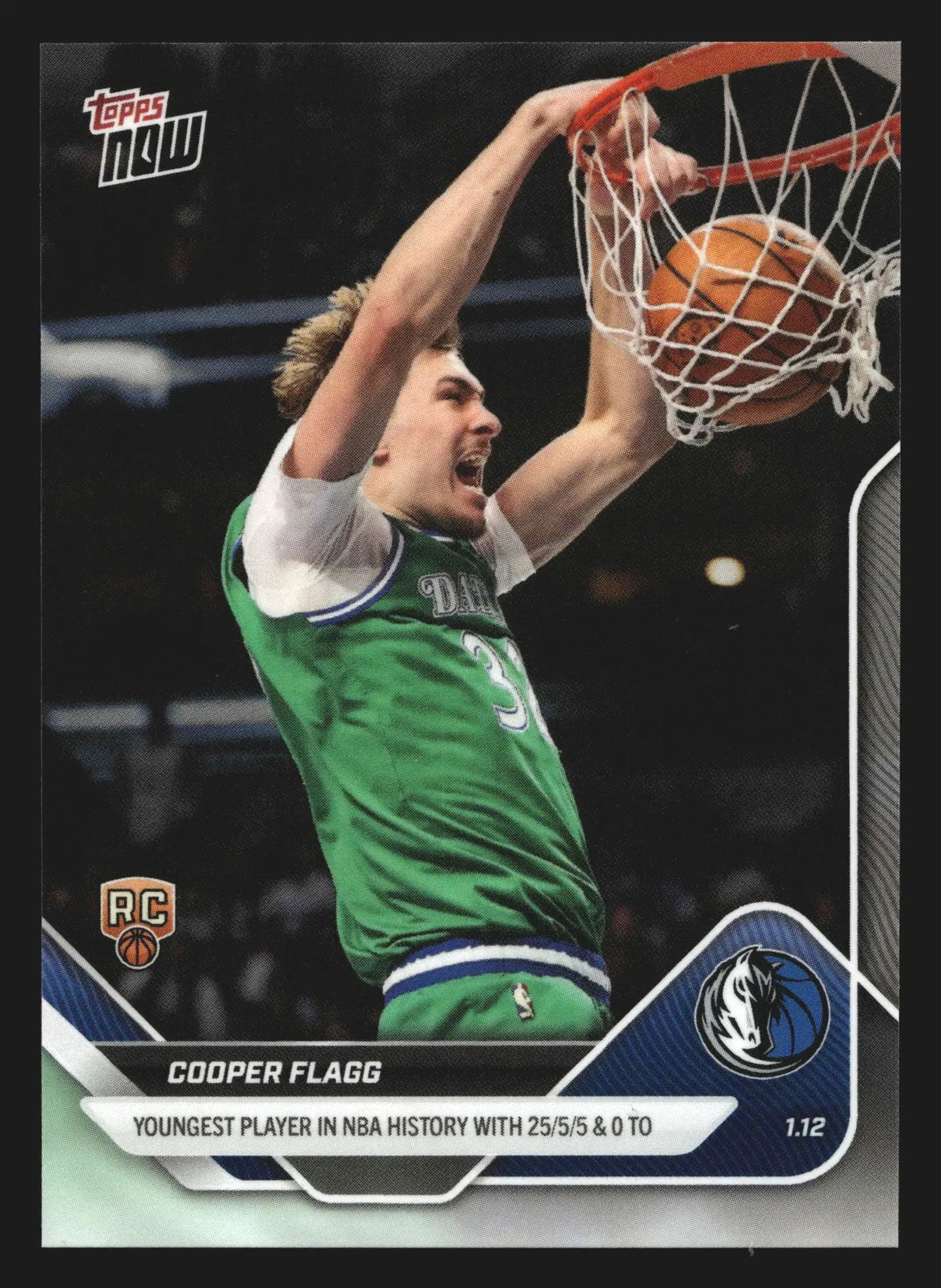 2025-26 Topps NOW #124 Cooper Flagg Mavericks RC Youngest NBA 25/5/5