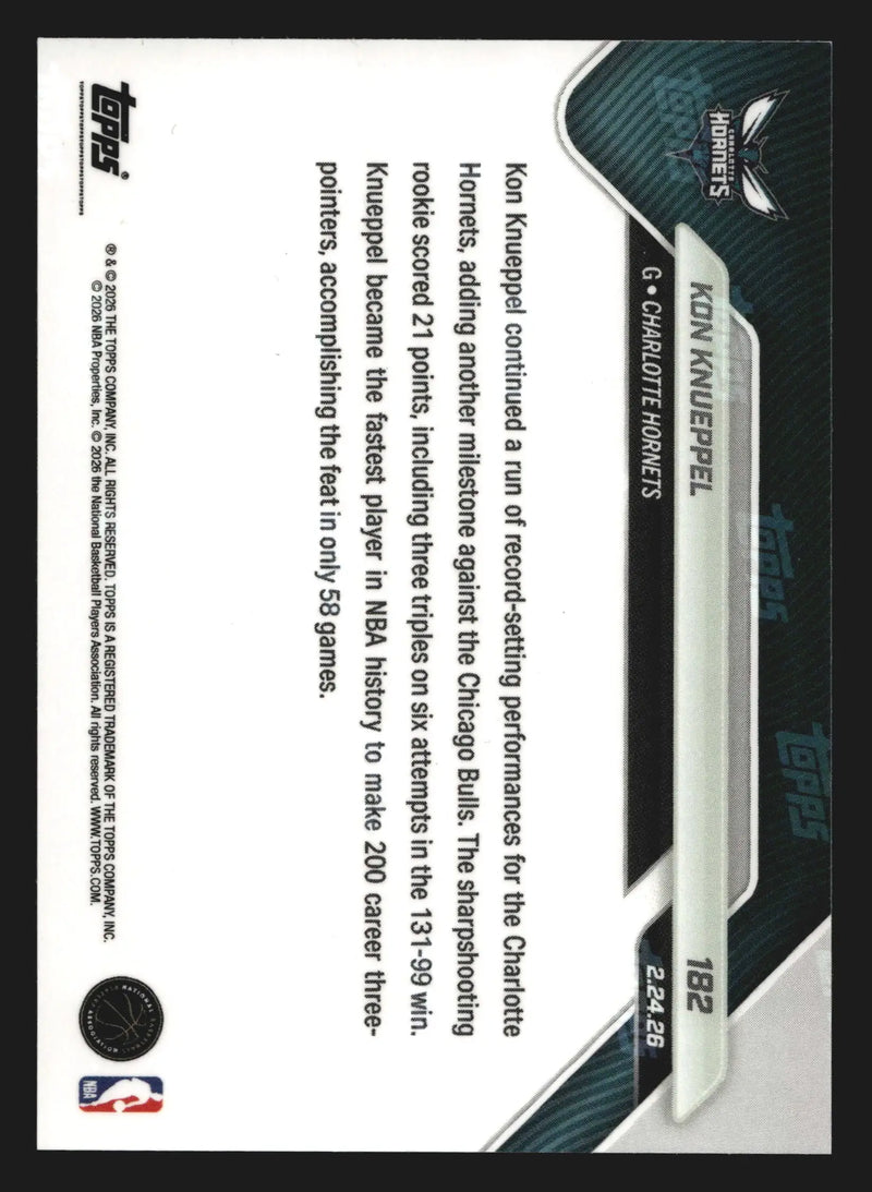 2025-26 Topps NOW #182 Kon Knueppel Hornets RC Fastest to 200 3PM