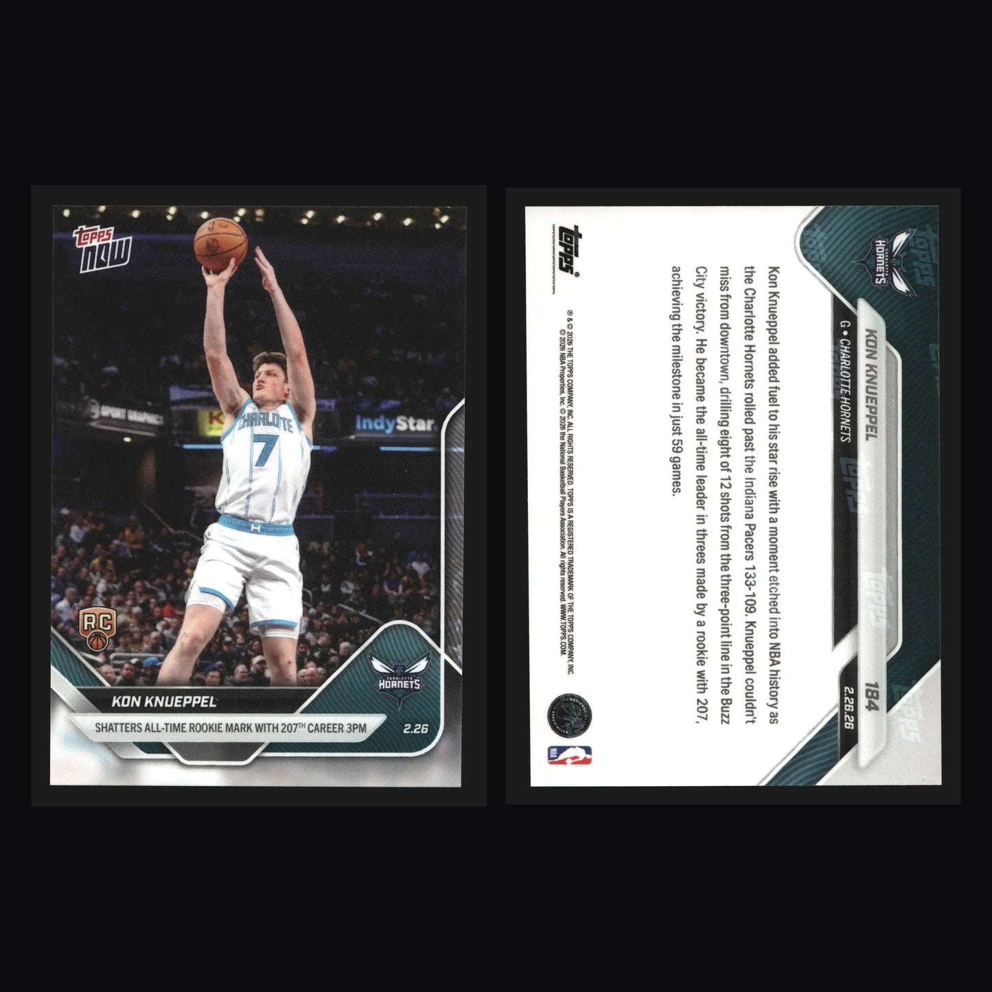 2025-26 Topps NOW #184 Kon Knueppel Hornets RC All-Time Rookie 3PM Mark