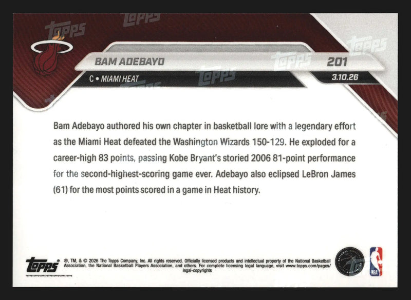 2025-26 Topps NOW #201 Bam Adebayo Heat 83 Pts 2nd-Highest All-Time