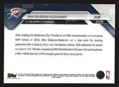 2025-26 Topps NOW #205 Shai Gilgeous-Alexander 127 Straight 20PT Bests Wilt - Basketball Card Single