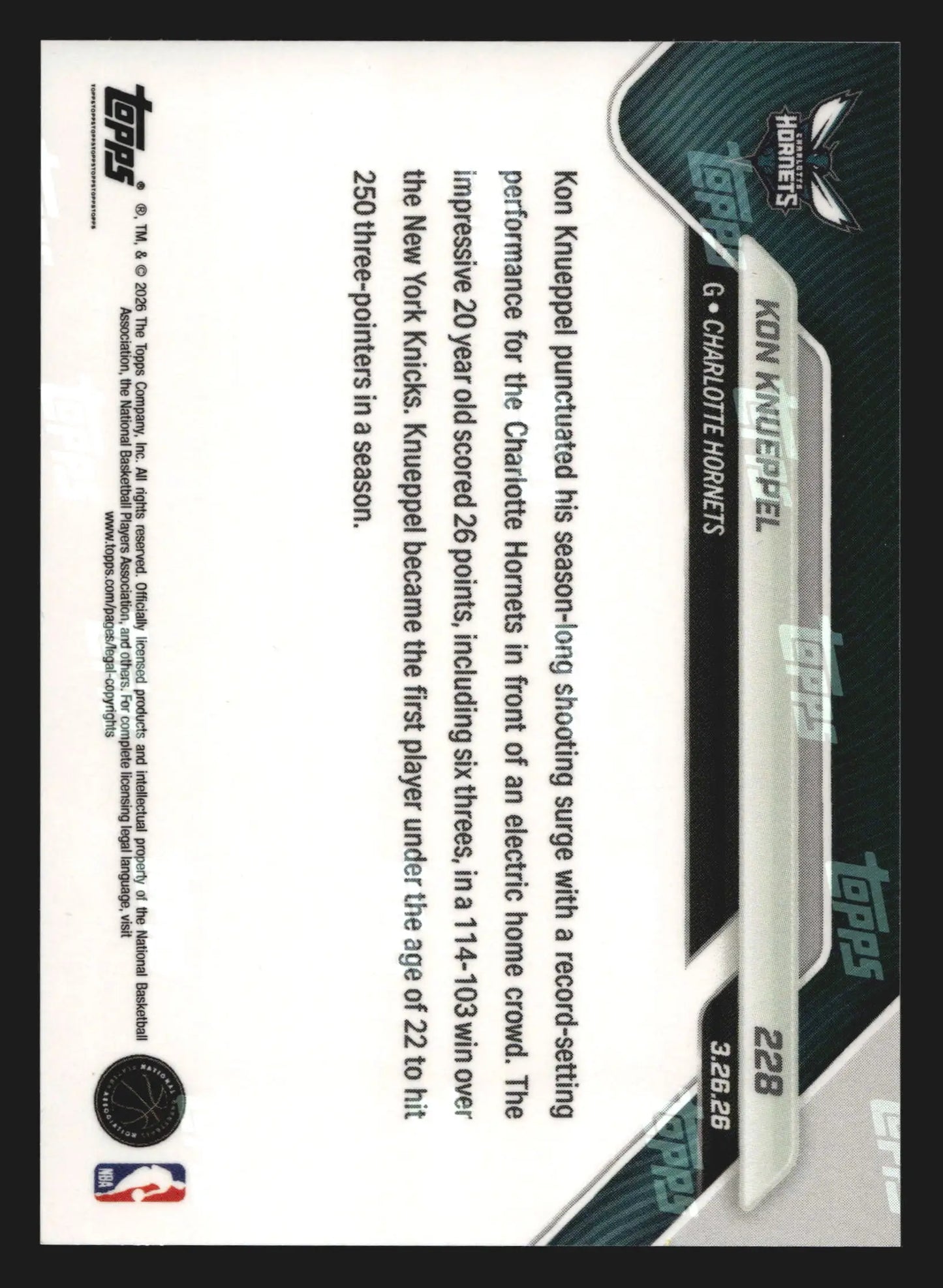2025-26 Topps NOW #228 Kon Knueppel Hornets RC 1st U22 250+ 3PM Season