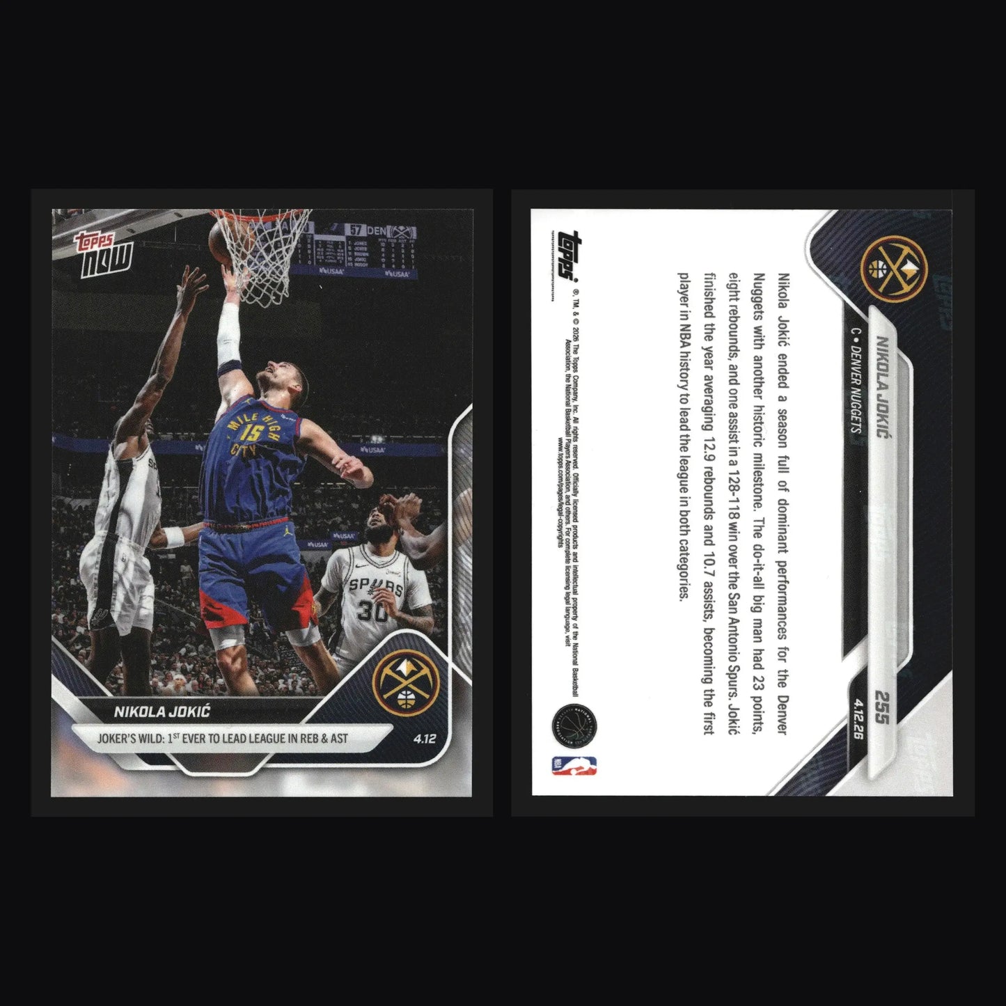 2025-26 Topps NOW #255 Nikola Jokic Nuggets 1st Ever Lead NBA Reb Ast