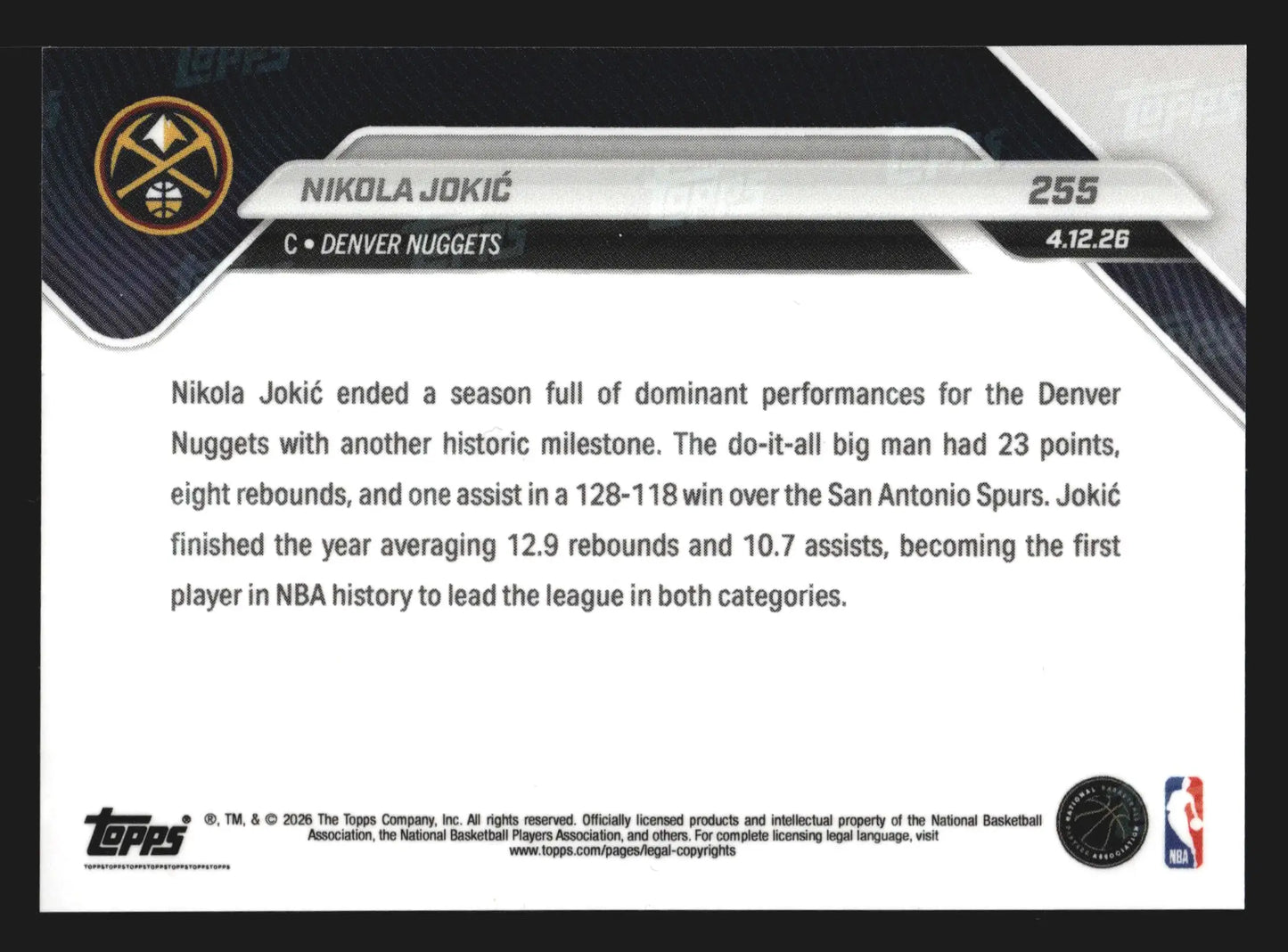 2025-26 Topps NOW #255 Nikola Jokic Nuggets 1st Ever Lead NBA Reb Ast