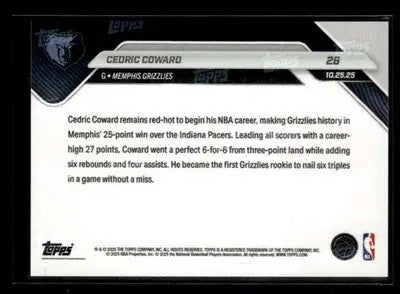 2025-26 Topps Now #26 Cedric Coward Perfect from 3 - 27 Points Memphis Grizzlies - Basketball Card Single