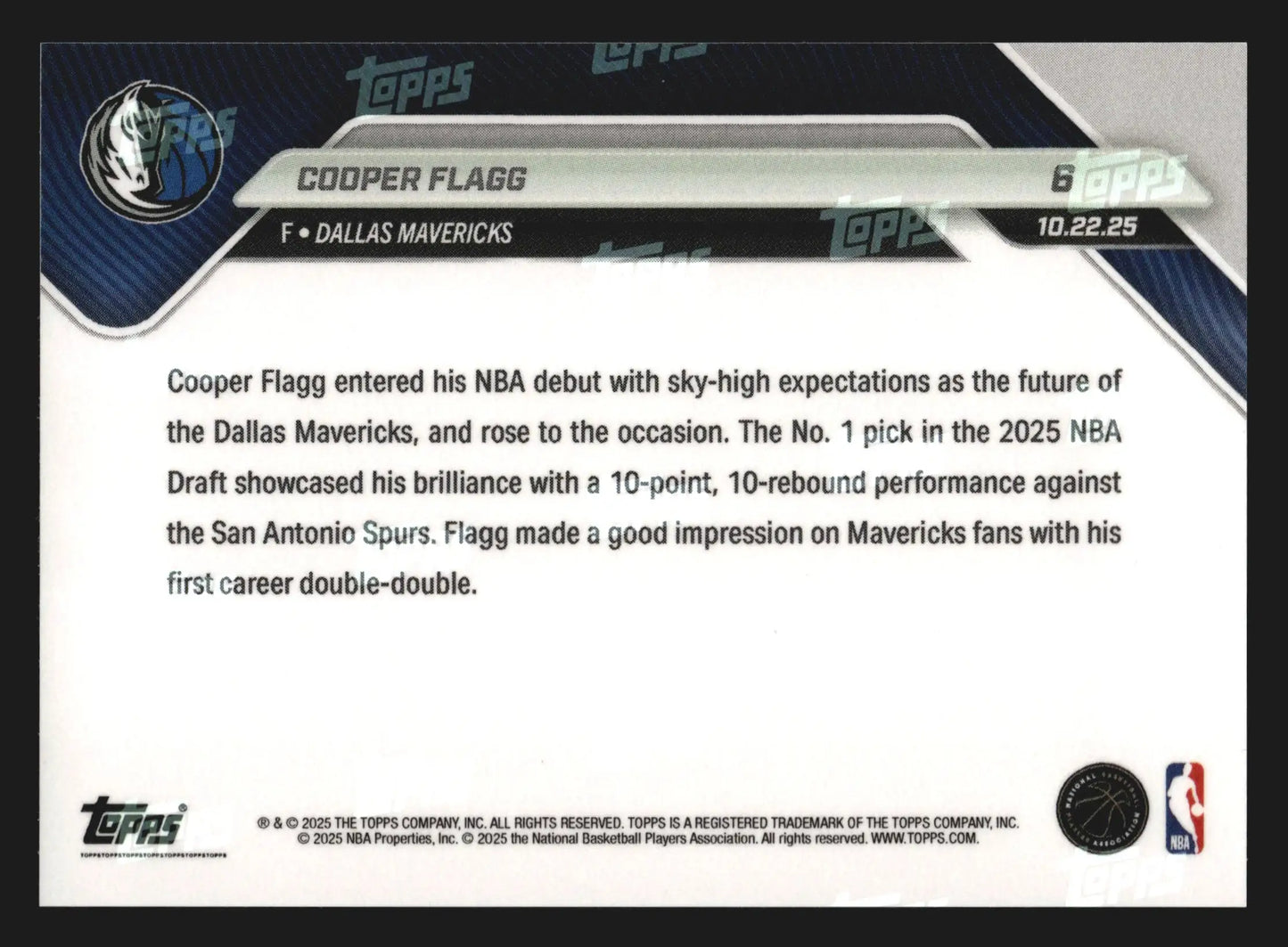 2025-26 Topps NOW #6 Cooper Flagg Mavericks RC 2025 No.1 Pick NBA Debut