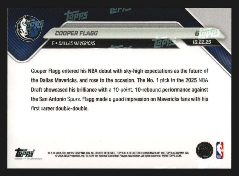 2025-26 Topps NOW #6 Cooper Flagg Mavericks RC 2025 No.1 Pick NBA Debut