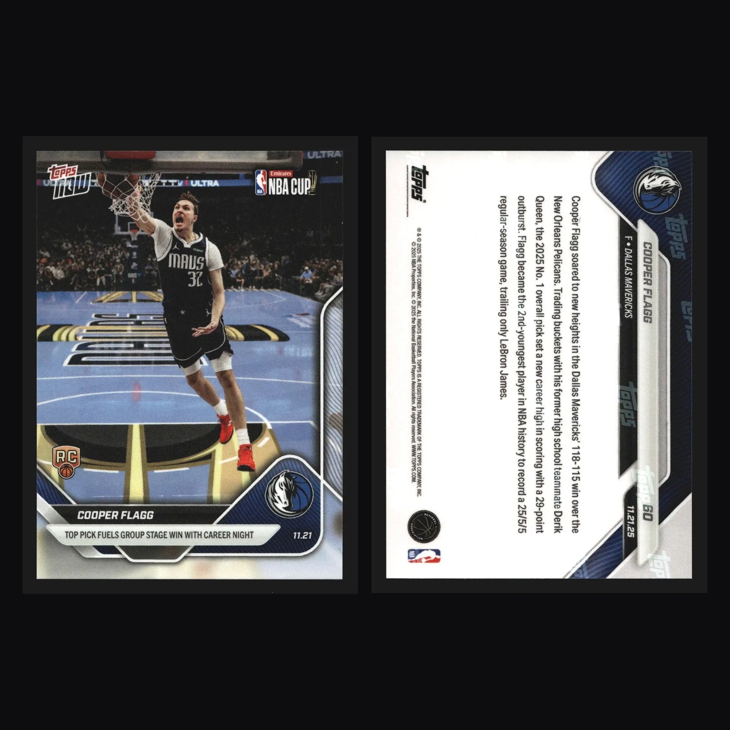 2025-26 Topps NOW #60 Cooper Flagg Mavericks RC Top Pick NBA Cup Career Night