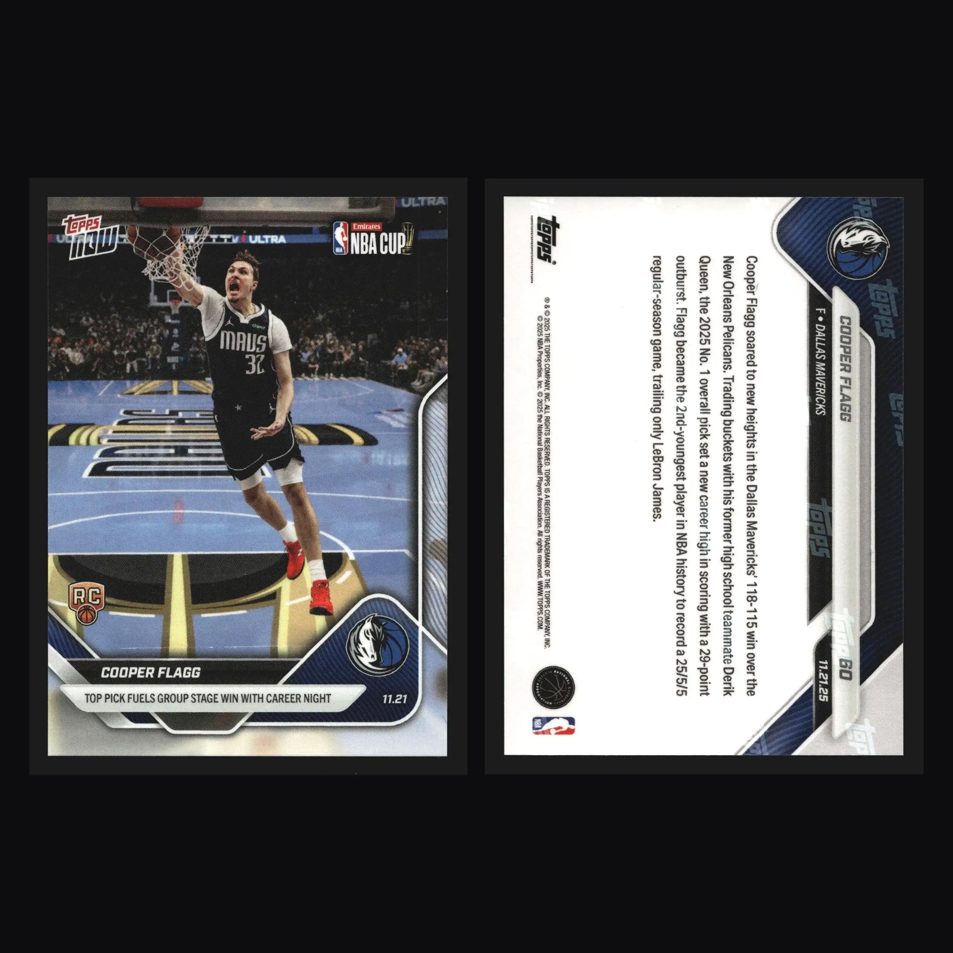 2025-26 Topps NOW #60 Cooper Flagg Mavericks RC Top Pick NBA Cup Career Night