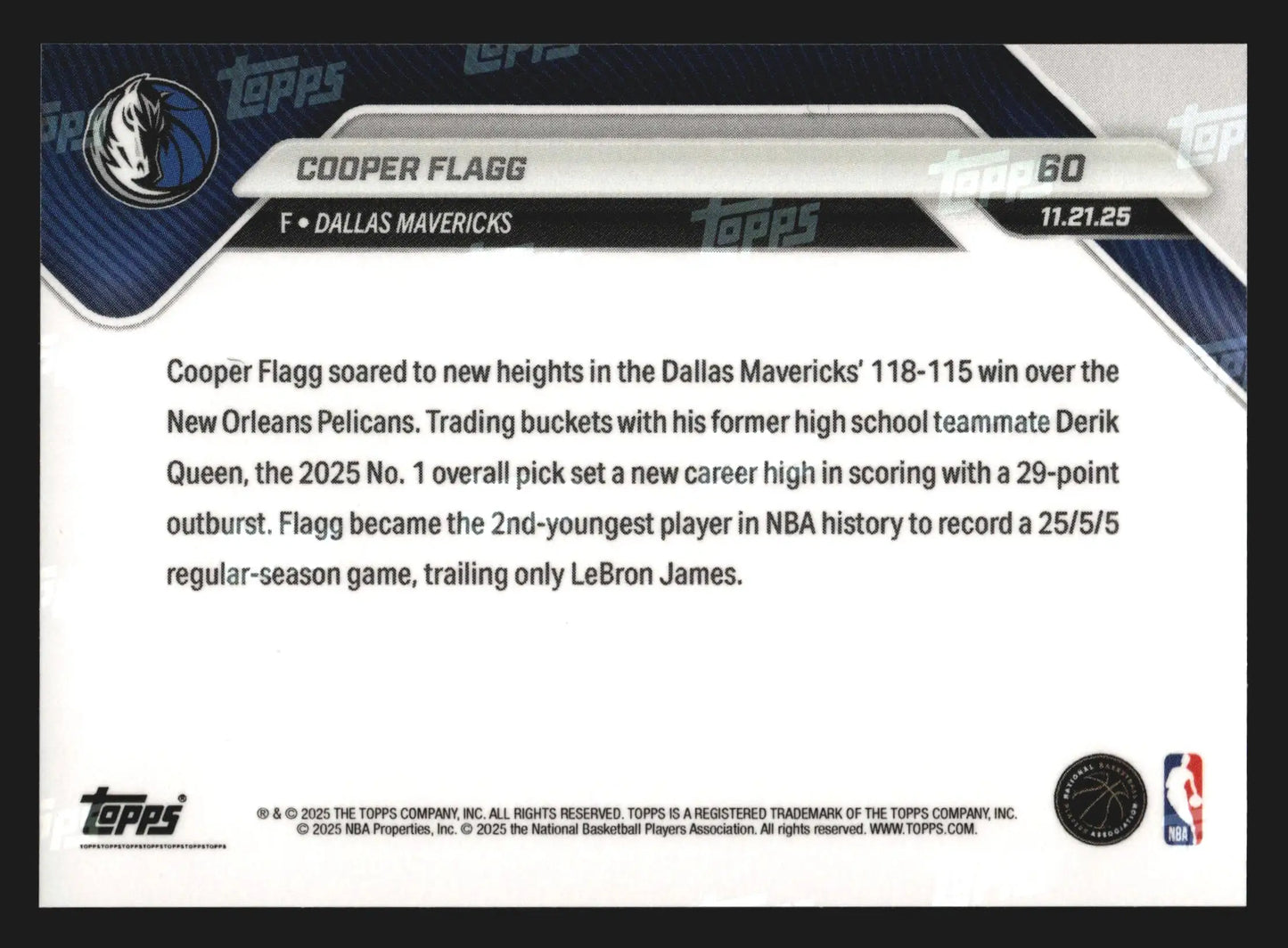 2025-26 Topps NOW #60 Cooper Flagg Mavericks RC Top Pick NBA Cup Career Night