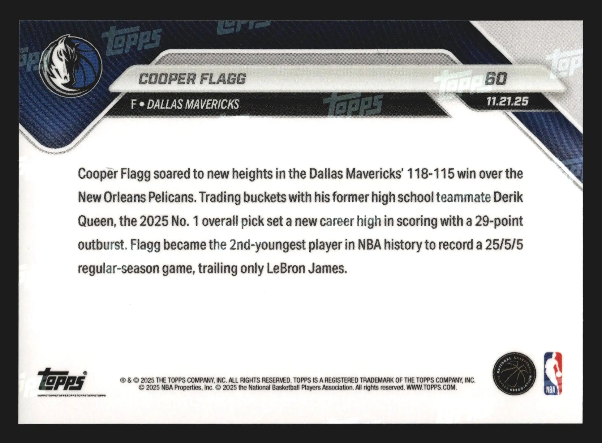 2025-26 Topps NOW #60 Cooper Flagg Mavericks RC Top Pick NBA Cup Career Night
