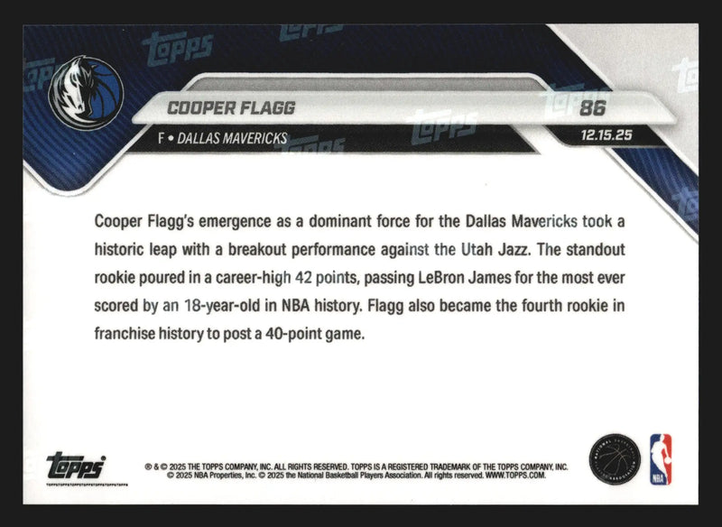 2025-26 Topps NOW #86 Cooper Flagg Mavericks RC Youngest NBA 40+ Points