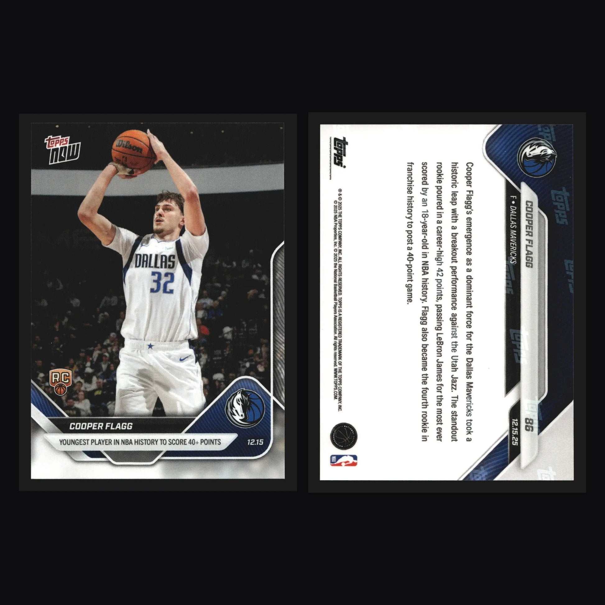 2025-26 Topps NOW #86 Cooper Flagg Mavericks RC Youngest NBA 40+ Points