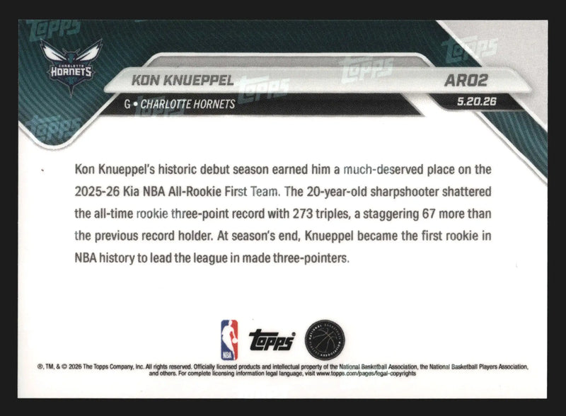 2025-26 Topps Now #AR02 Kon Knueppel Hornets RC Kia NBA All-Rookie 1st Team