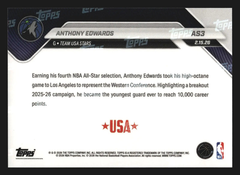 2025-26 Topps NOW #AS3 Anthony Edwards Wolves 2026 NBA All-Star 4th Selection - Basketball Card Single