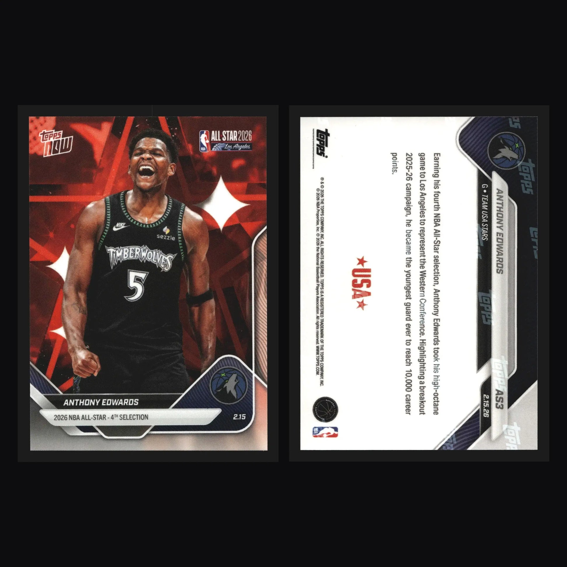 2025-26 Topps NOW #AS3 Anthony Edwards Wolves 2026 NBA All-Star 4th Selection - Basketball Card Single