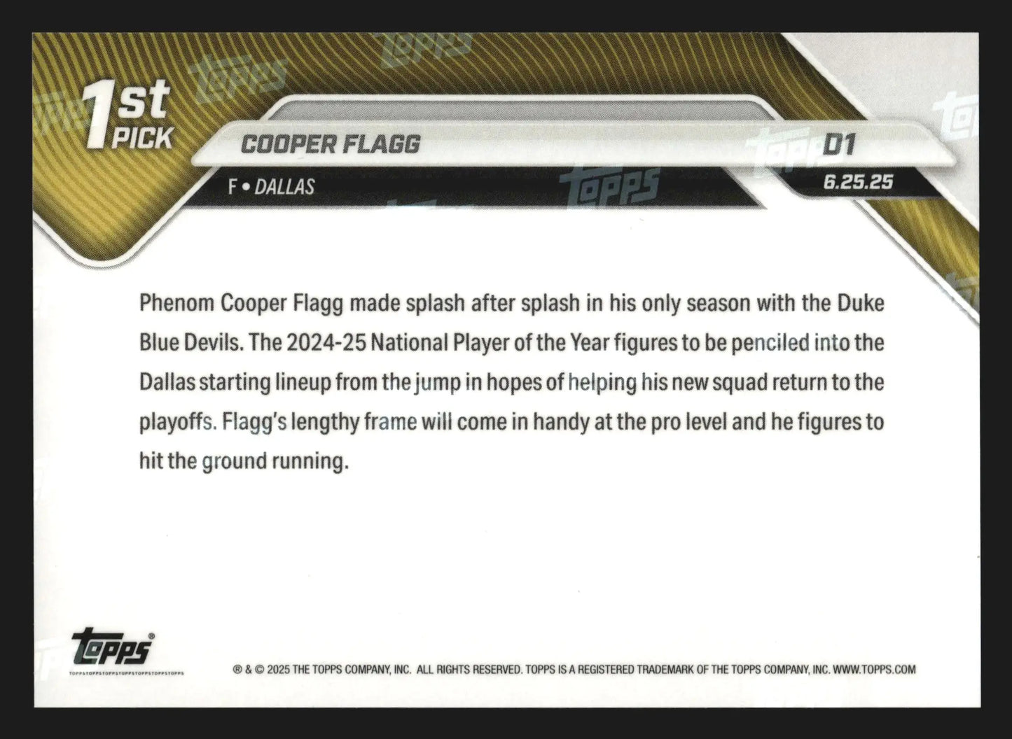 2025-26 Topps NOW #D1 Cooper Flagg Mavericks RC 1st Overall Draft Pick