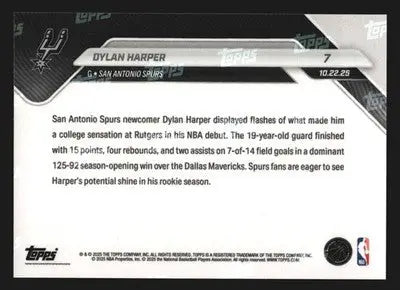 2025-26 Topps NOW Dylan Harper #7 RC Spurs No. 2 Pick Makes NBA Debut - Basketball Card Single