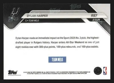2025-26 Topps NOW Dylan Harper #RS7 RC Spurs Rising Stars Team Melo - Basketball Card Single
