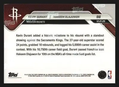 2025-26 Topps NOW Kevin Durant Hakeem Olajuwon #96 Rockets HOF KD Passes Dream - Basketball Card Single