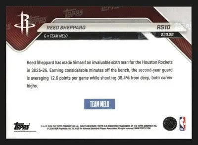 2025-26 Topps NOW Reed Sheppard #RS10 Rockets 2026 Castrol Rising Stars - Basketball Card Single
