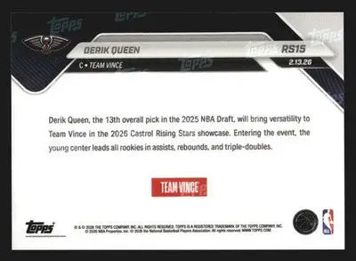 2025-26 Topps NOW #RS15 Derik Queen Pelicans RC 2026 Castrol Rising Stars - Basketball Card Single