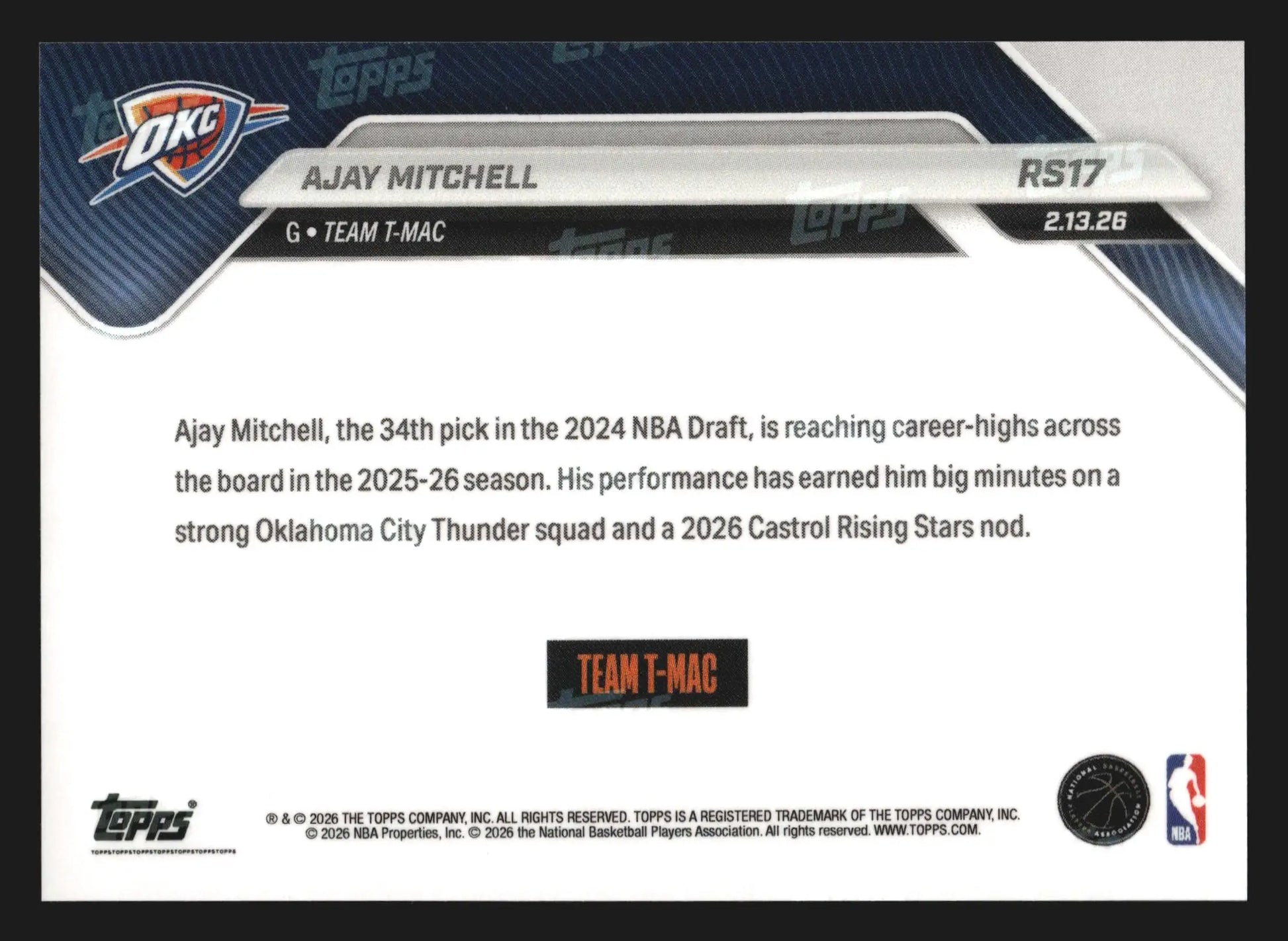2025-26 Topps NOW #RS17 Ajay Mitchell Thunder 2026 Castrol Rising Stars - Basketball Card Single