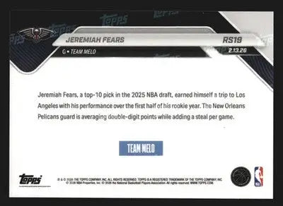 2025-26 Topps Now #RS19 Jeremiah Fears Pelicans RC Castrol Rising Stars - Basketball Card Single