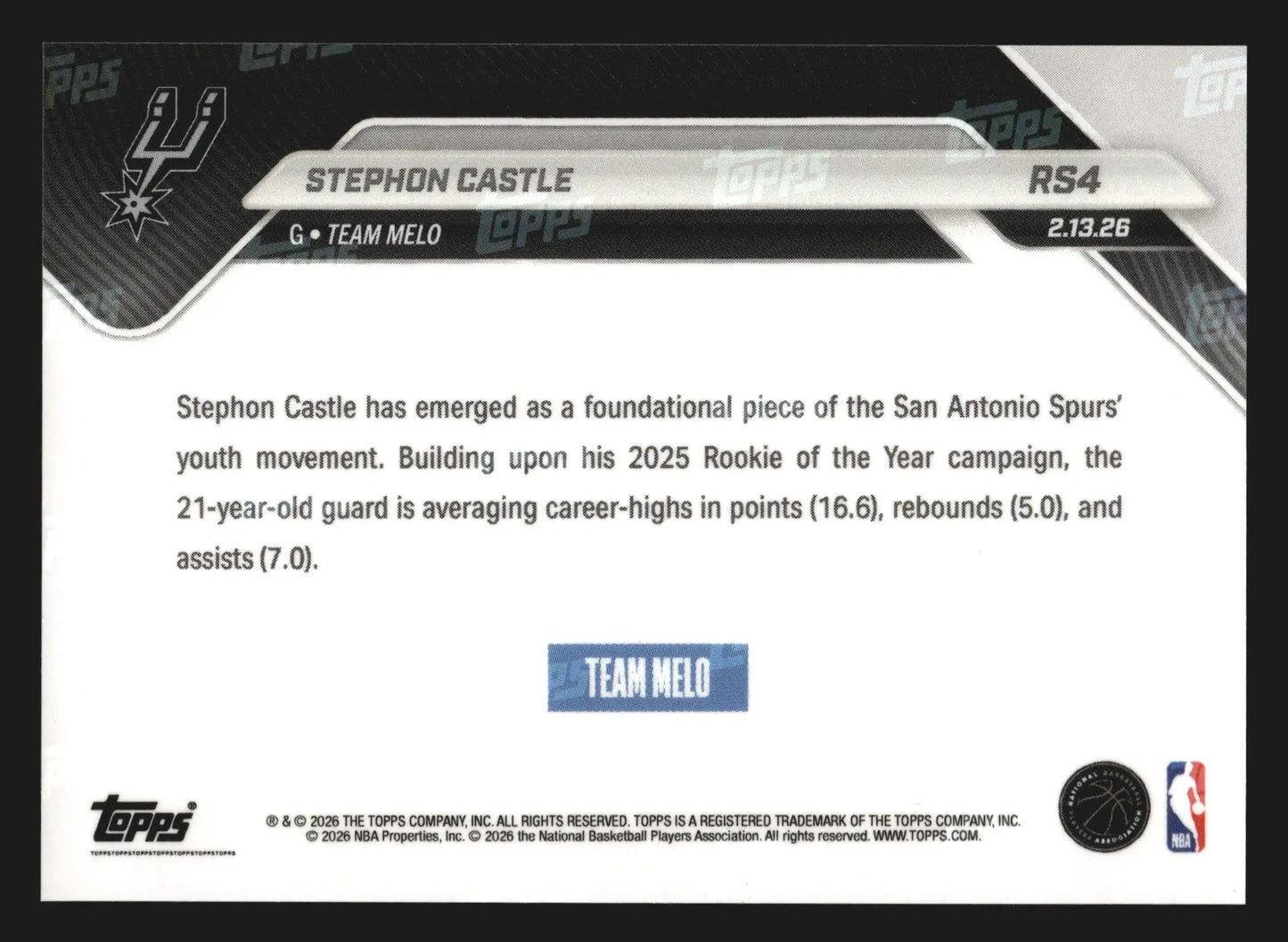 2025-26 Topps NOW Stephon Castle #RS4 San Antonio Spurs Rising Stars - Basketball Card Single